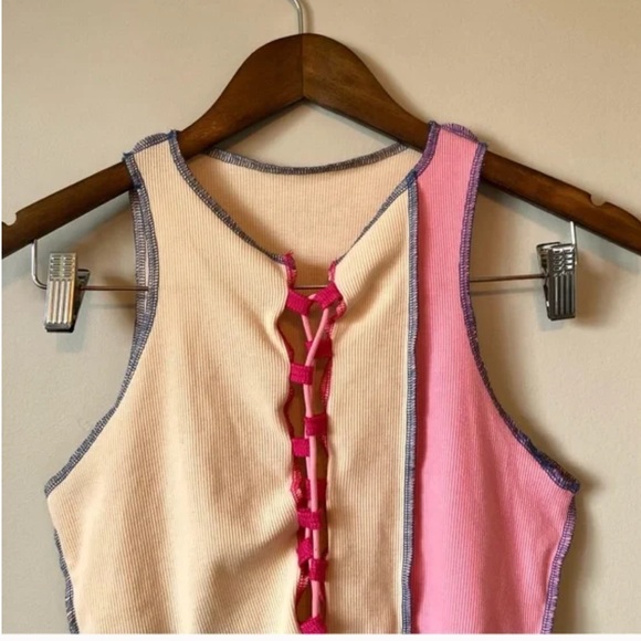 Shein Lace Tie Up Patchwork Cleavage Cropped Sleeveless Crop Tank Top Cream - Picture 3 of 11